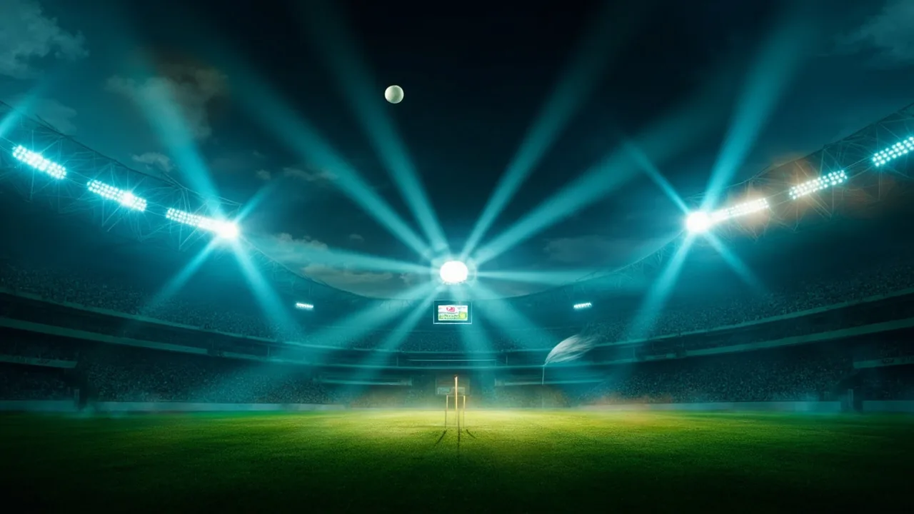 Live Matches guide hero banner showing a glowing T20 live scoreboard with run rate, required rate and fantasy-point top performers in real time
